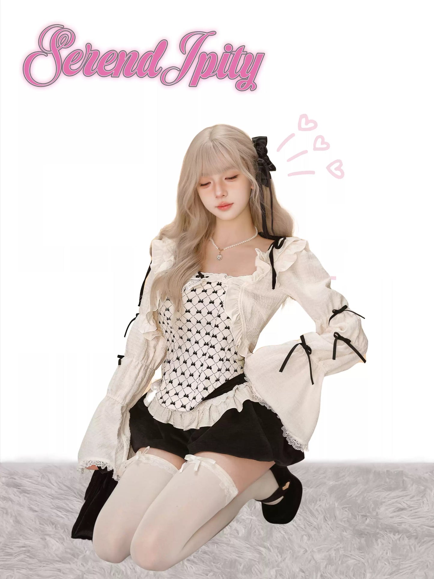 Serendipity Doll Series Cream Bow Corset & Cardigan & Black Velvet Bloomers Three Piece Set