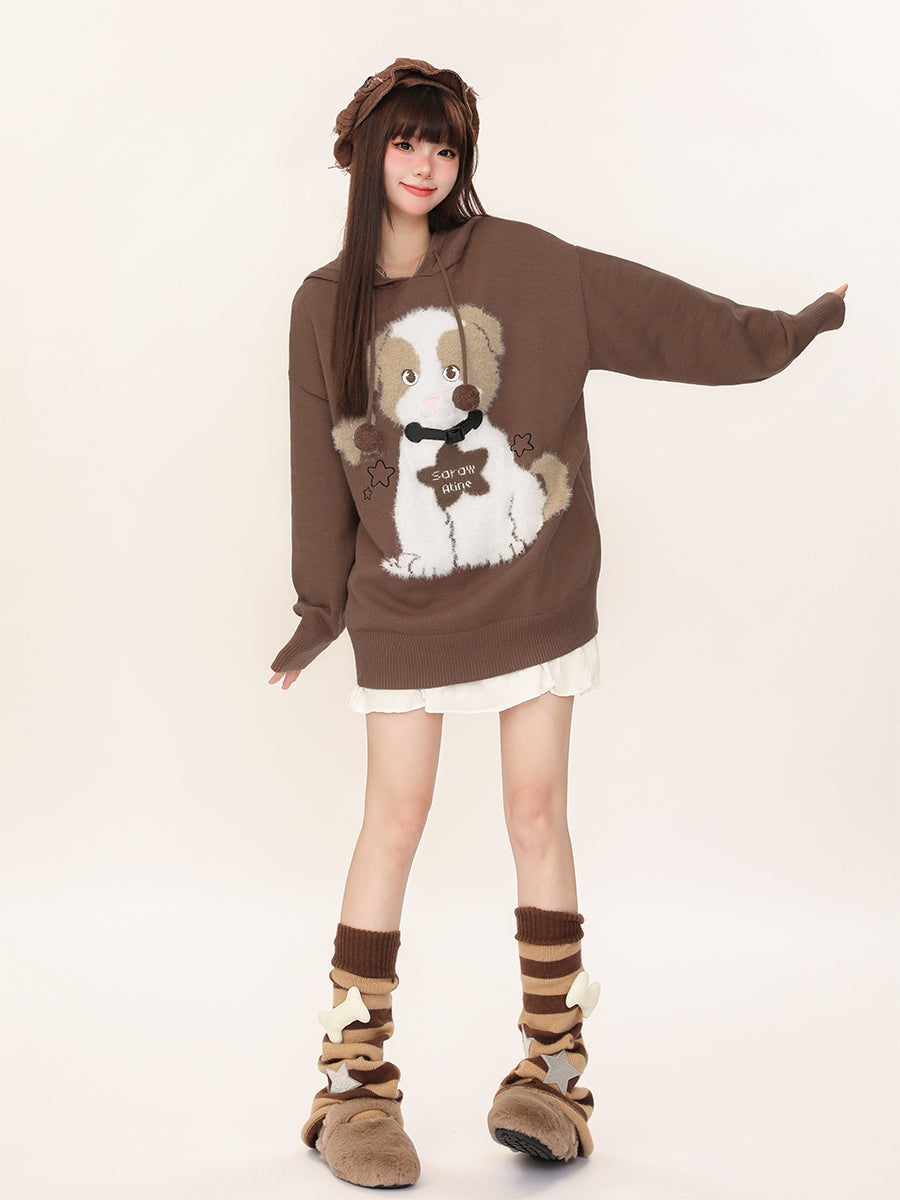 Cute Dog Puppy Pompom Autumn Knit Brown Red Sweater Hoodie