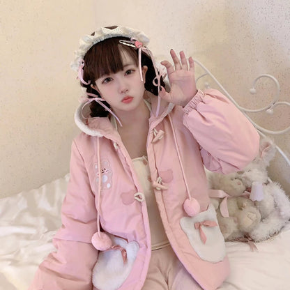 EGL Cute Bear Cream Pink Bear Winter Jacket