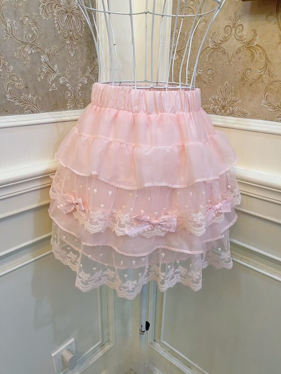 Sweetheart Princess Pastel Pink Cake Layered Lace Elastic Mini Skirt