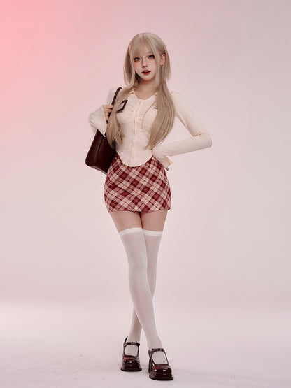 Serendipity Fall Beige Office Lady Long Sleeve T-Shirt & Red Plaid Mini Skirt Two Piece Set