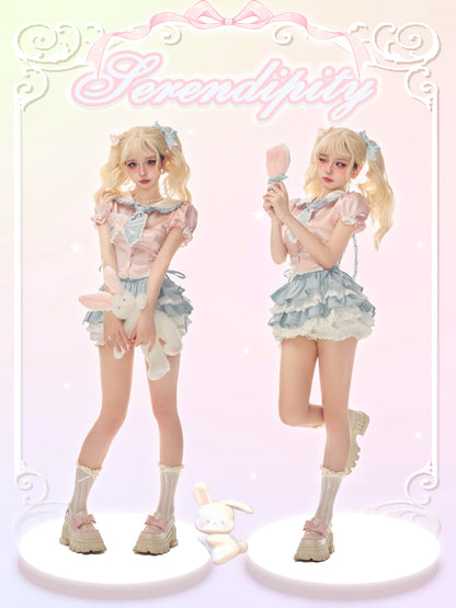 Serendipity Heartbeat Gummy Pink Blue Seifuku Sailor Collar Shirt Top & Skirt Two Piece Set