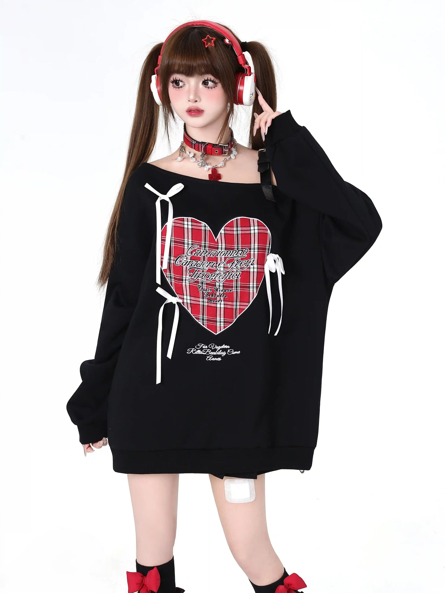 Crazy Girl Heart Plaid Black White Red Off Shoulder Sweater