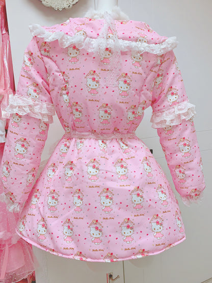 Candy Fairy Sweet Kitty Cat Pink Princess Lace Sailor Collar Winter Padded Puffer Jacket Coat Dress