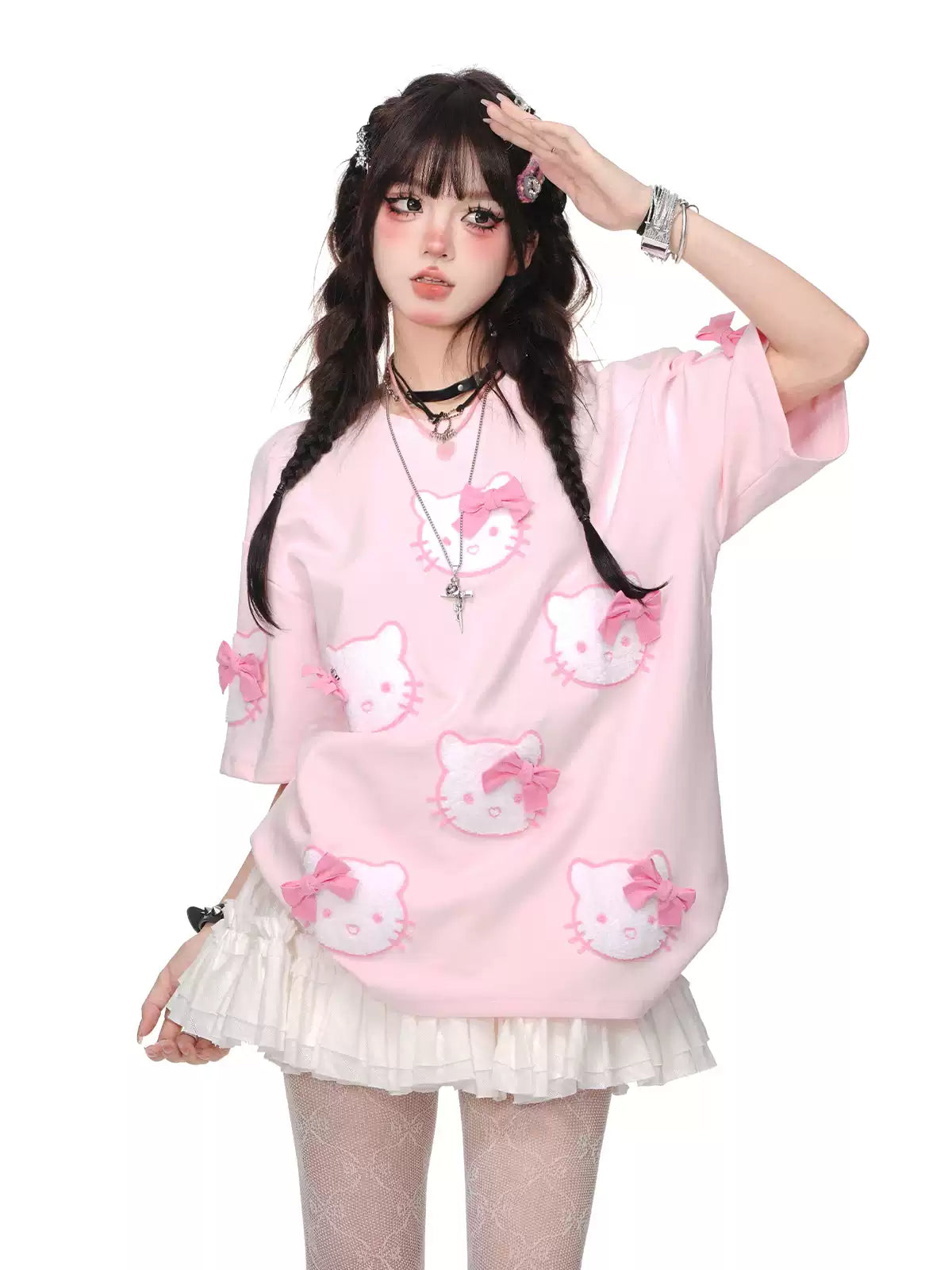 Young Eyes Kitty Bow Pink White Short Sleeve T-Shirt Top