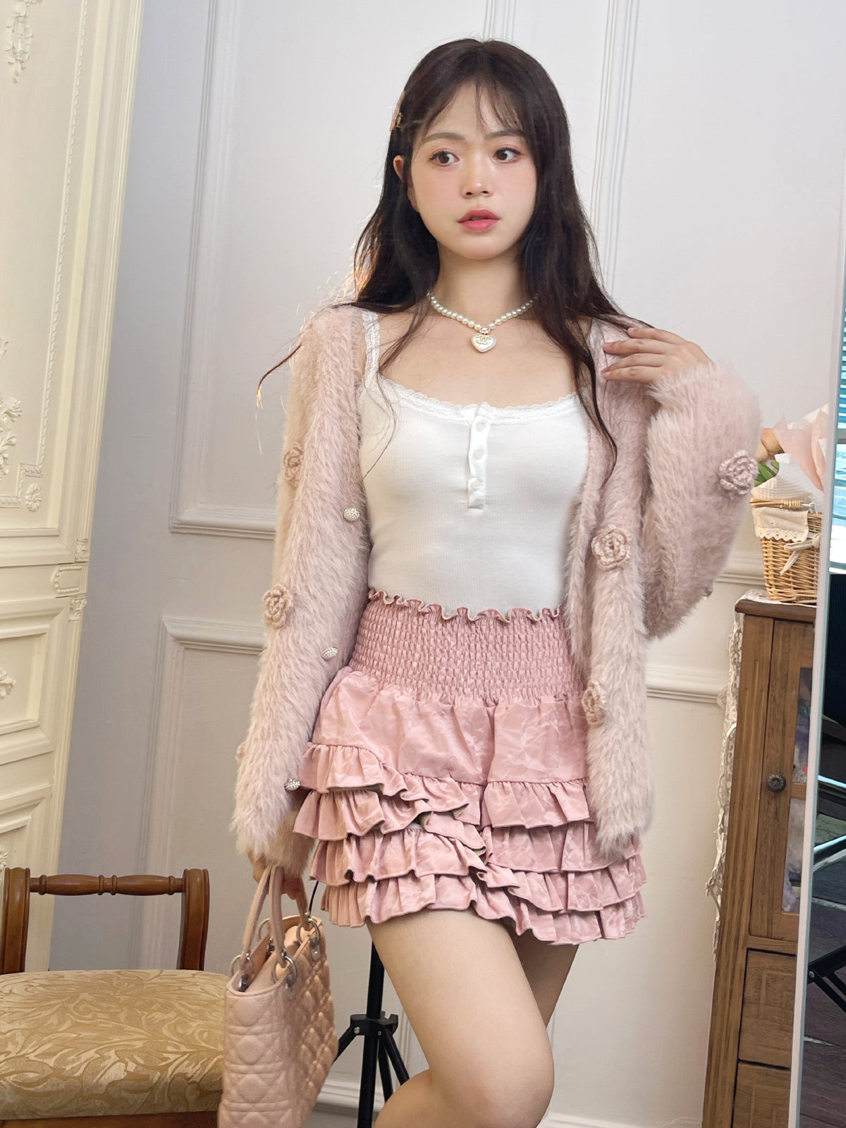 Ruellia Coquette White Camisole & Pink Ruffled Mini Skirt & Rose Faux Mink Fur Cardigan Three Piece Set