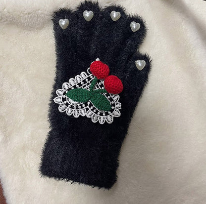 Cherry Love Beads Lace Knit Fur Winter Black White Gloves