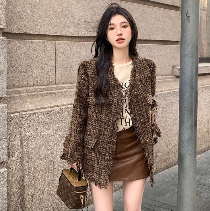 Autumn Classy Fringed V-Neck Brown Tweed Jacket