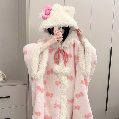 Kawaii Kitty Bow White Pink Winter Pajamas Hooded Bathrobe & Pants Two Piece