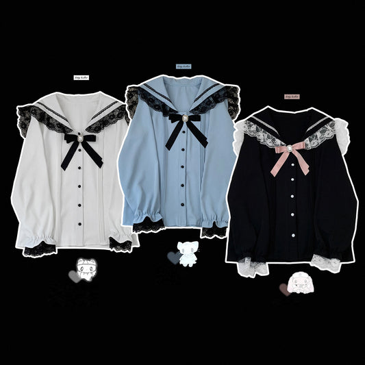 Kitten Bullet Jirai Kei Sea Breeze Girl Lace Sailor Collar Blue Black White Shirt