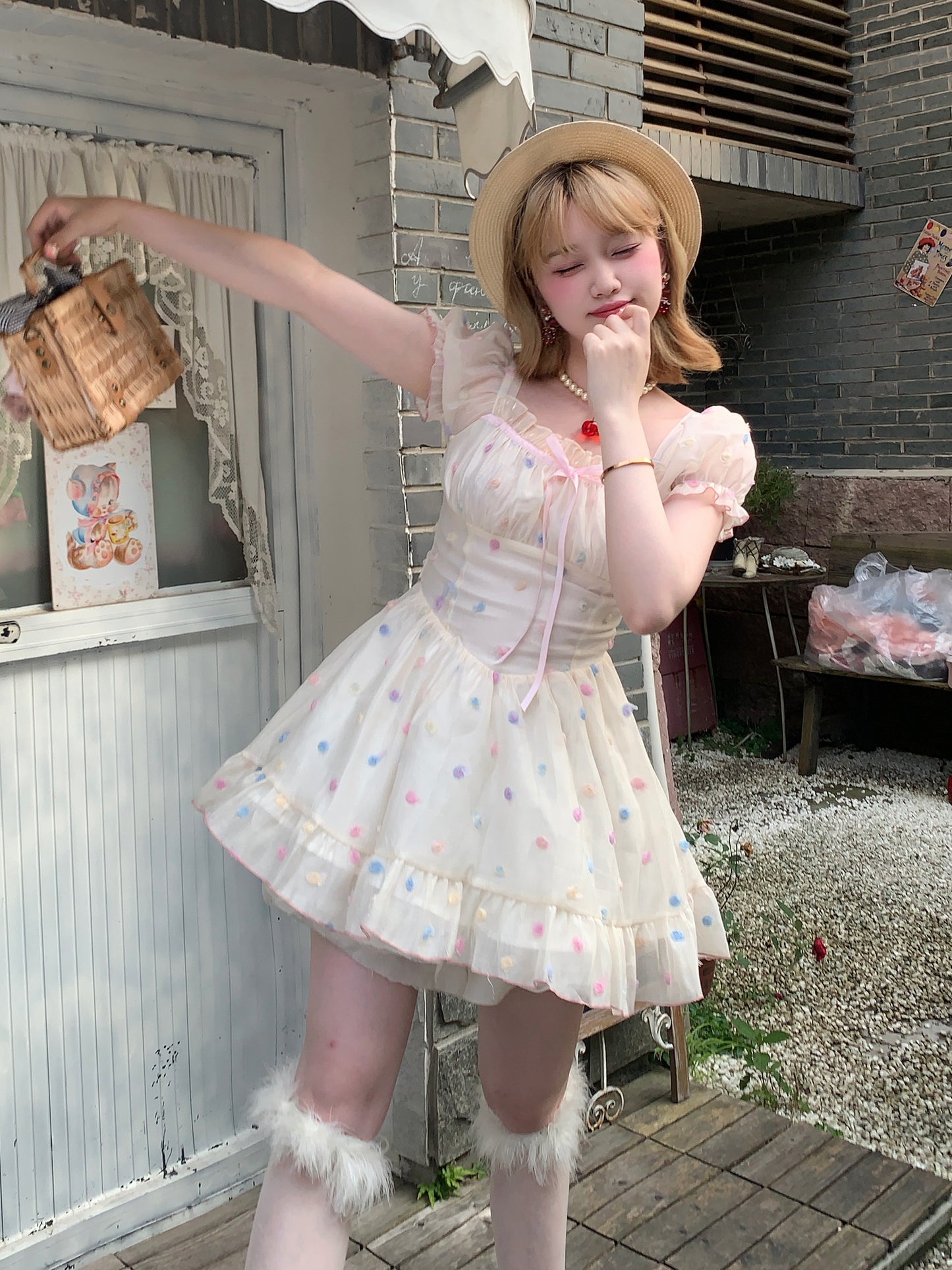 Picnic Girl Coquette Summer Cream Cotton Candy Puff Sleeve Dress