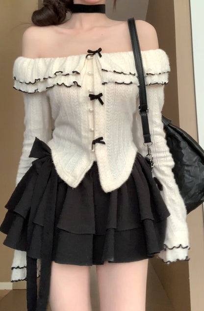 Creamy Sweet Moonlight Guardian White Knit Top & Black Skirt Two Piece Set