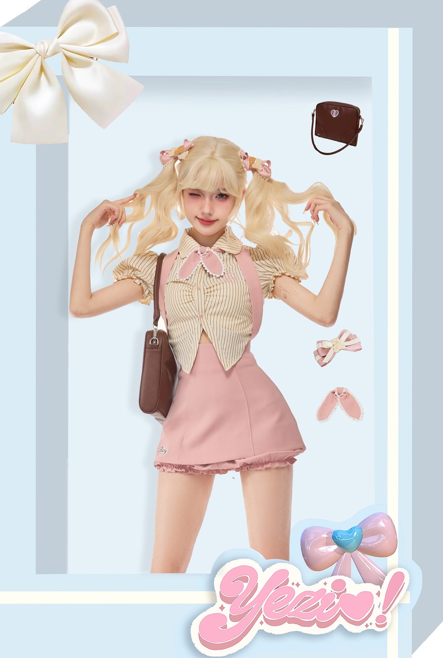 Serendipity Sweet Bow Beige Striped Puff Sleeve Shirt & Pink Suspender Skirt Two Piece Set