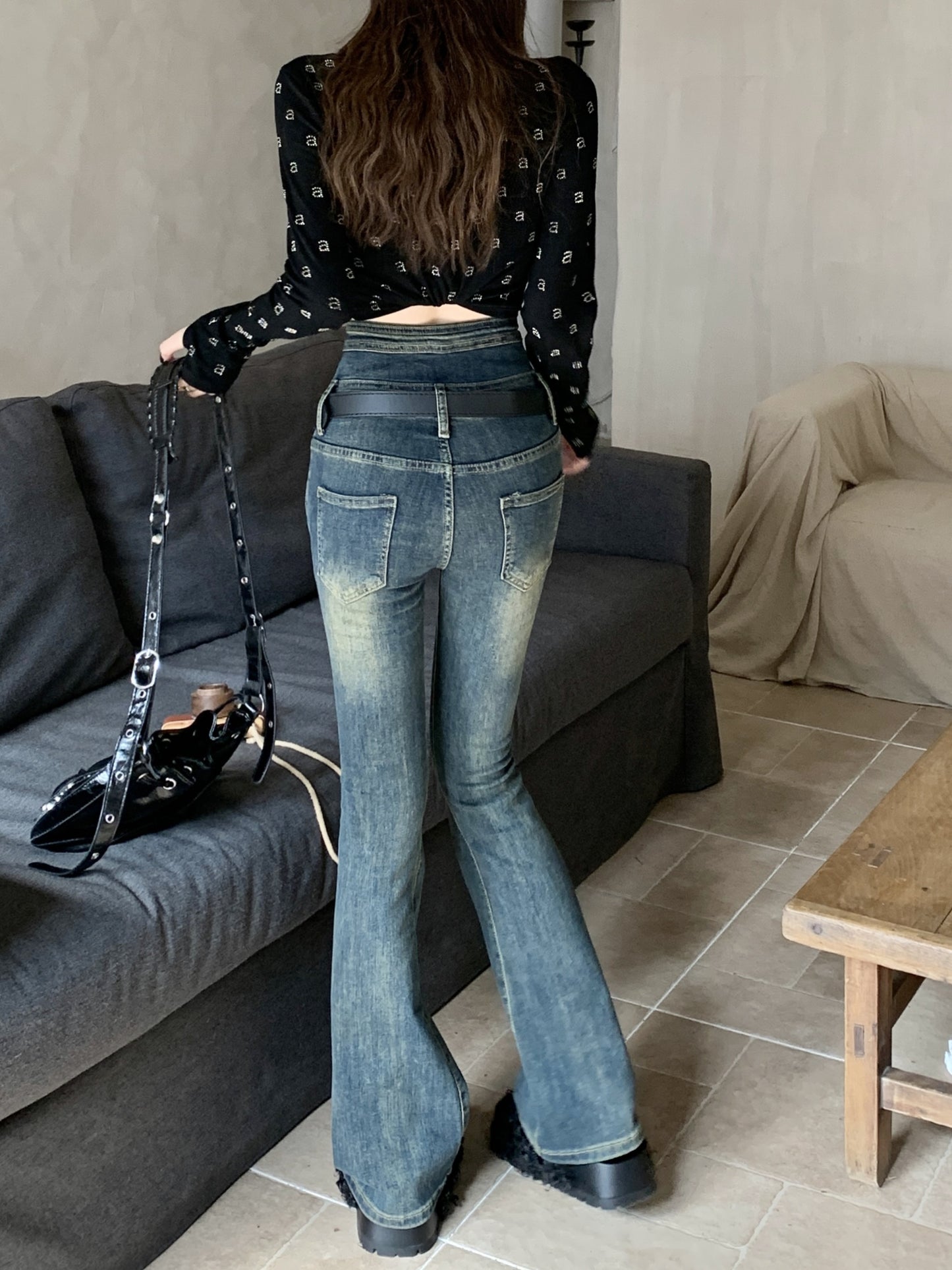 Retro Style Striped Wash Pants Denim Micro Flair Jeans