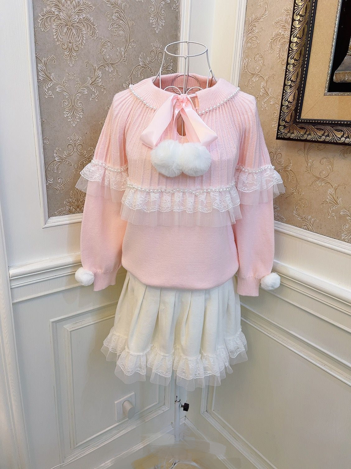 Sweetheart Princess Pearl Lace Furball Pink Knit Loose Sweater