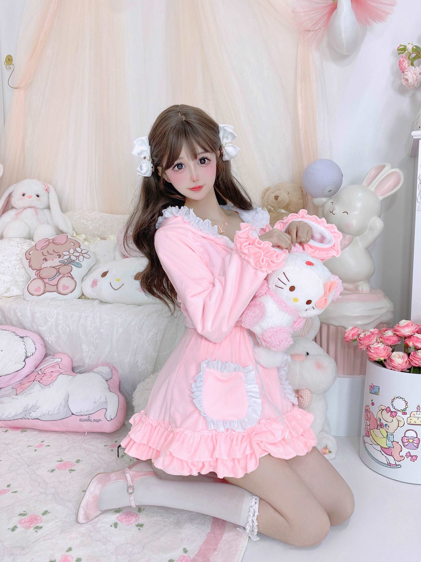 Candy Fairy Velvet Plush Pink Lace Ruffled Long Sleeve Zipped Up Dress