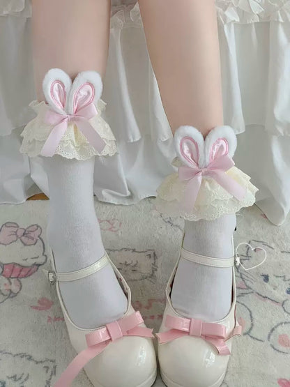 Lolita Cute Summer Rabbit Ears Black White Pink Blue Socks