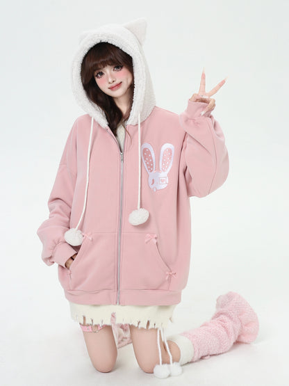 Crazy Girl Cheese Bunny Cat Ears Pink Black Jacket Hoodie