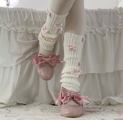 Sweet Lolita Coquette Bow Pink & White Knit Leg Warmers