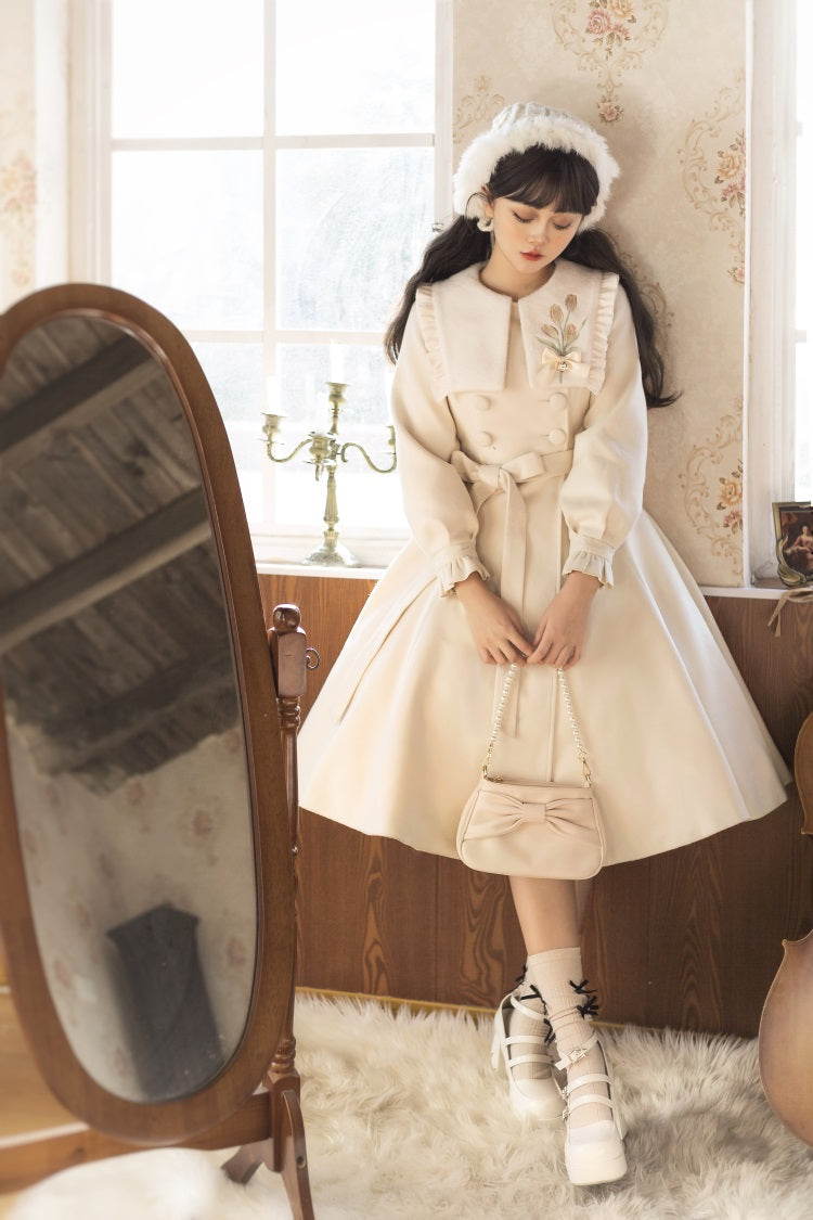 Unknown Star Tulip Woolen Lolita White Cream Crimson Red Winter Coat Dress