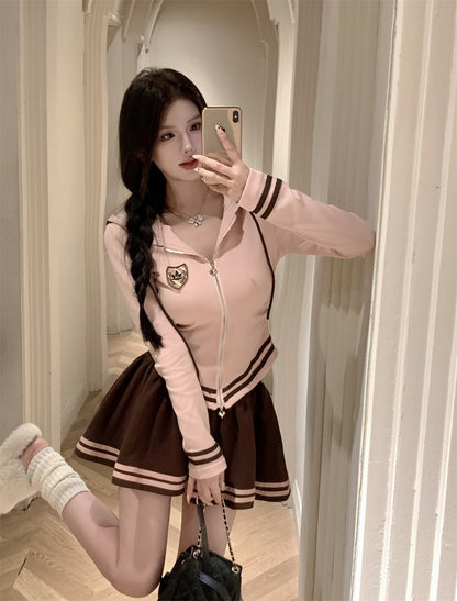 College Girl Sporty Pink Zip Up Sweatshirt Top & Brown Mini Skirt Two Piece Set