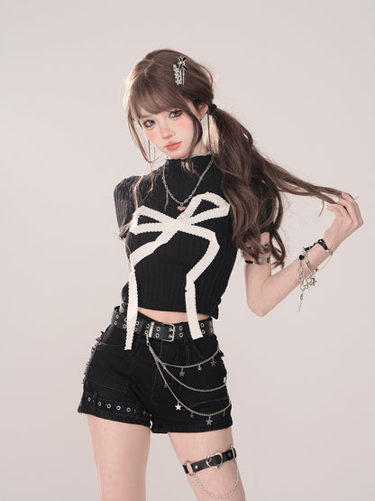 Young Eyes Coquette Bow White Black Turtleneck Short Sleeve Shirt Top