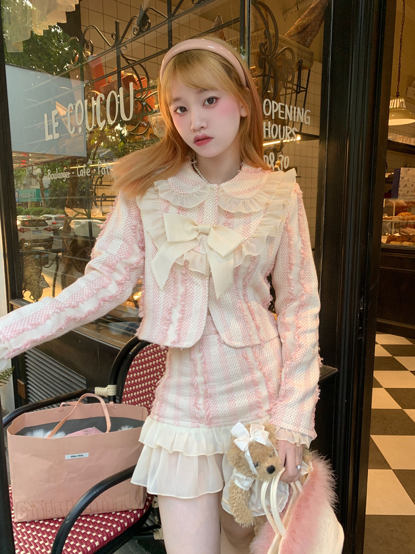 Picnic Girl Pink Ruffled Fall Sweet Jacket Mini Skirt Two Piece Set