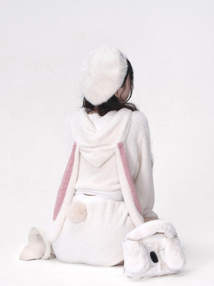 Young Eyes Sweet Bow Bunny Rabbit Hoodie Plush Shorts Two Piece Set