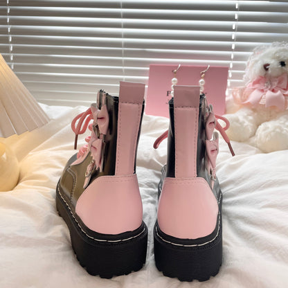 Pink Bows Black Platform Combat Boots