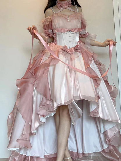 Rose Pearl Decorated Princess Ruffled Bow Layered Elegant Wedding Prom Evening Dress