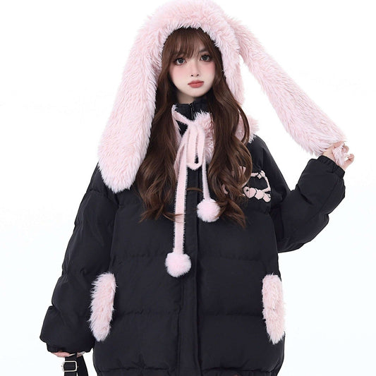 Crazy Girl Pink Black Winter Rabbit Ears Hooded Plush Puffer Jacket