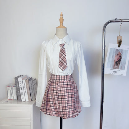 Student College Style Shirt Vest Pink Plaid Tie Pleated Skirt Two Piece Set