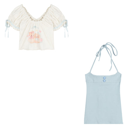 Serendipity Sweet Bear White Shirt Blouse Top & Blue Suspender Skirt Two Piece Set