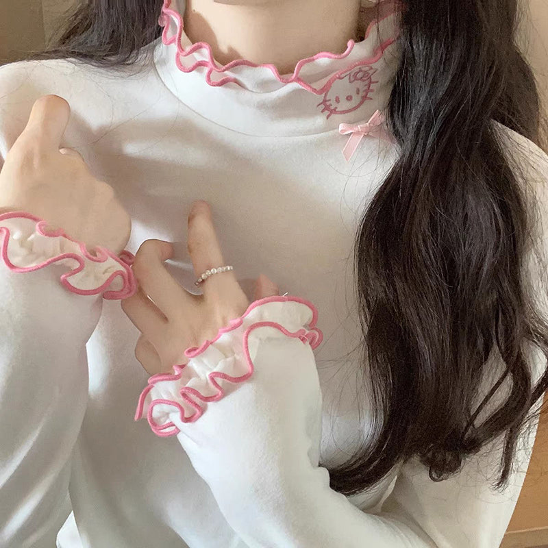 Soft Ruffled Collar Sleeve Pink White Black Kitty Cat Velvet Shirt Top