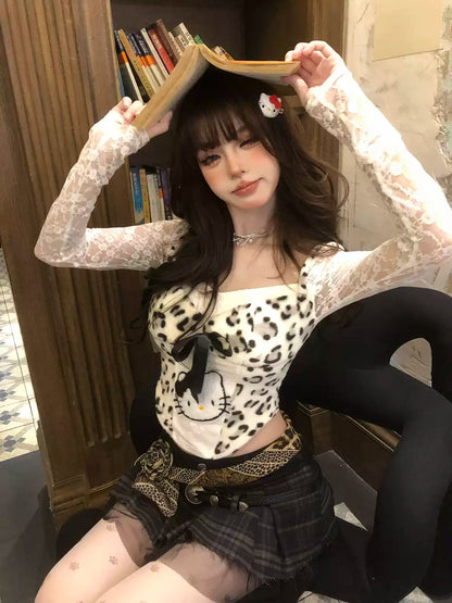 Young Eyes Sultry Kitty Leopard White Lace Top