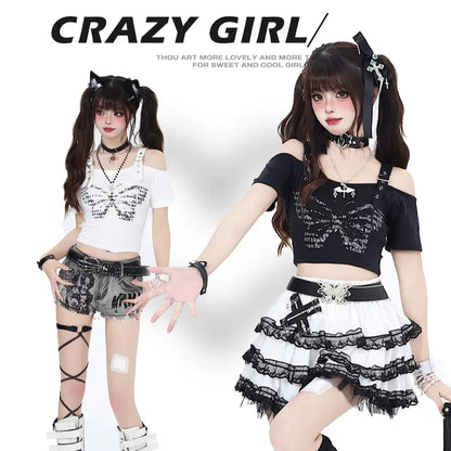 Crazy Girl Butterfly Print Black & White Strap Top