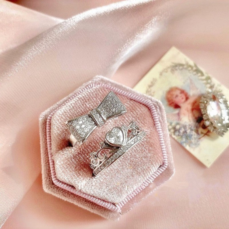 Pink Silver Love Bow Rhinestone Diamond Crown Ring Collection Set Accessories Jewerly