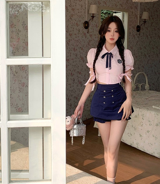 Serendipity Strawberry Summer Pink Puff Sleeve Shirt & Navy Blue Shorts Two Piece Set