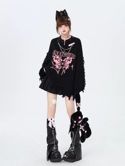 Crazy Girl Daydream Butterfly Black White Pink Red Knit Sweater