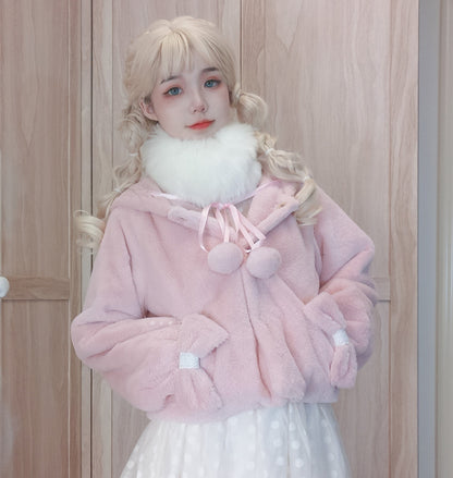 Pompom Bow Plush EGL Hooded Jacket Winter Coat