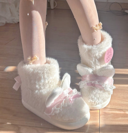 Pinky Cute Winter Plush Pink Bow Cat Ears Lace White Snow Boots Shoes