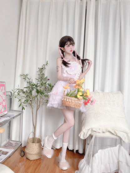 Candy Fairy Coquette Sweet Girl Heart Pink Strap Ruffled Dress