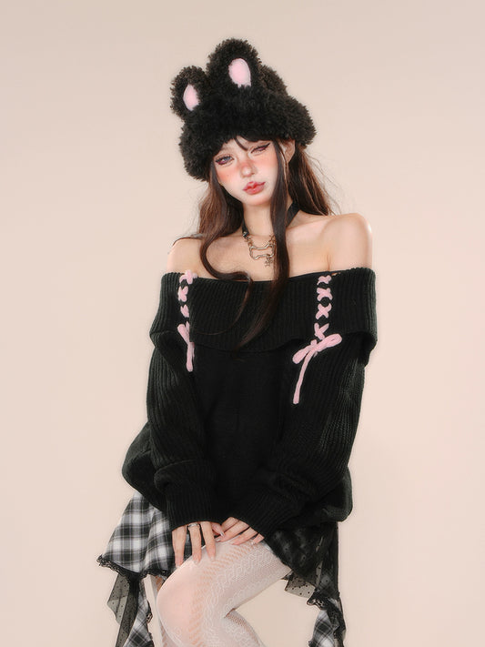 Young Eyes Black Croissant Off Shoulder Knit Sweater