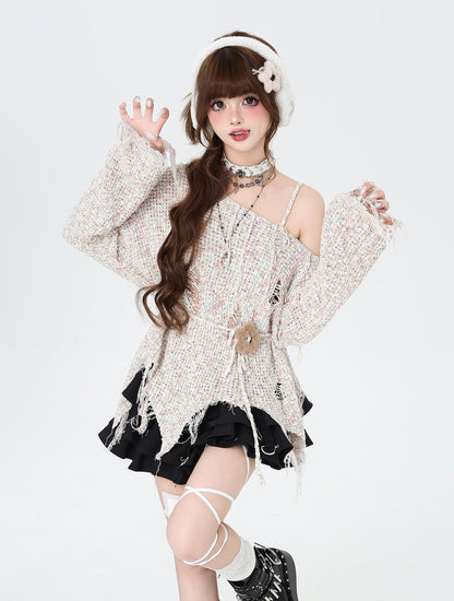 Crazy Girl Early Autumn Brown Cream Ripped Knit Sweater Top