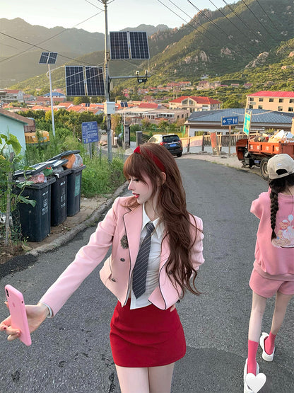 Lazy Girl Sweet Academia Pink Blazer White Shirt Red Skirt Three Piece Set