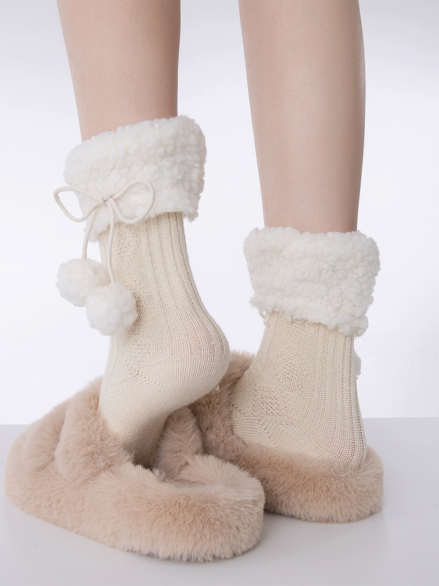 Winter Floor Knit White Beige Brown Gray Black Pompom Balls Socks