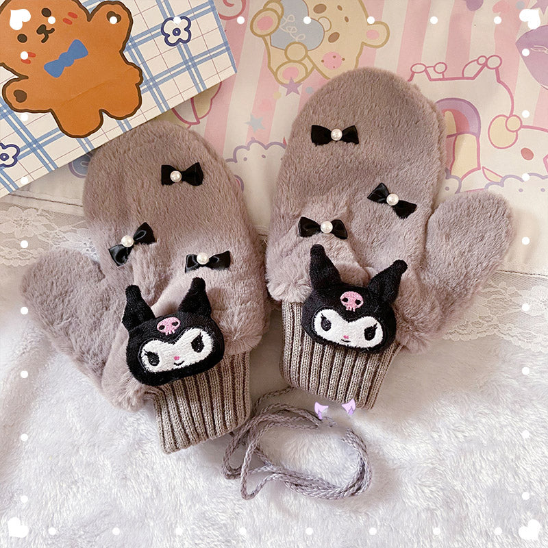 Cute Cartoon Purple Devil Melody Cinnamon Dog Pompom Pearl Bow Thick Winter Gloves Mittens