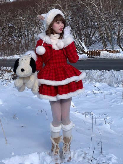 Picnic Girl Winter Holiday Christmas Plaid Red Strap Ruffled Dress & Little Jacket Two Piece Set