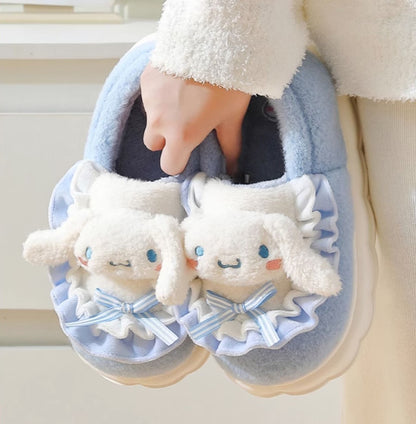 Kitty Cat Cinnamon Dog Melody Purple Devil Pompom Bow Winter Thick Plush Slippers Shoes