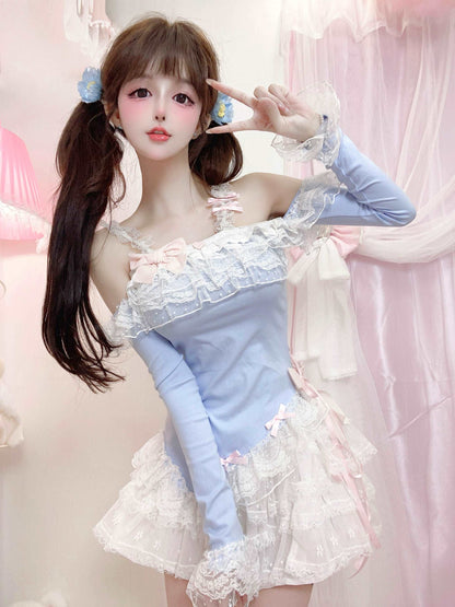 Candy Fairy Blue Bunny Top & White Ruffle Skirt Two Piece Set